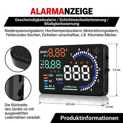 Head-Up-Display für das Auto mit Anzeige von Alarmen, Geschwindigkeitswarnungen und technischen Daten, inklusive Maßen.