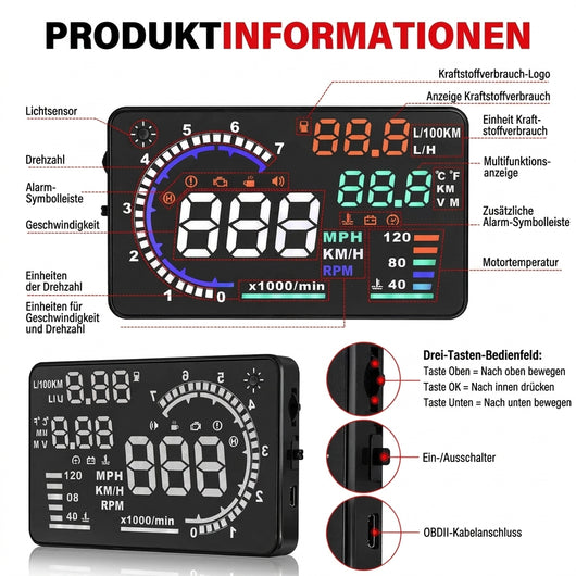 Head-Up-Display für das Auto mit 5,5 Zoll, OBD2 und GPS, inklusive technischer Erläuterungen der Anzeige und Tasten.