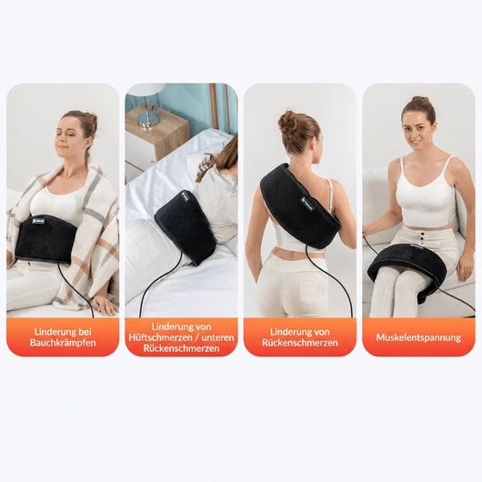 Vier Anwendungsbeispiele für einen Heizgürtel mit Vibrationsmassage zur Linderung von Bauch-, Hüft- und Rückenschmerzen.