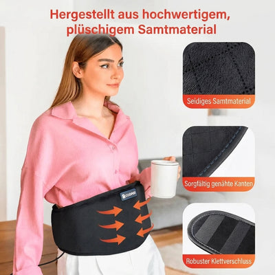 Eine Frau trägt einen schwarzen Heizgürtel, während die Details des weichen Materials, der Nähte und des Klettverschlusses gezeigt werden.