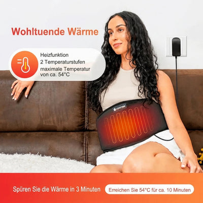 Eine Frau trägt einen Heizgürtel mit Vibrationsmassage, der sich in 3 Minuten schnell erwärmt.