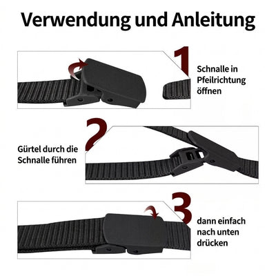 Anleitung zur Verwendung des Militärgürtels: Schnalle öffnen, Gürtel durchziehen und wieder festdrücken.