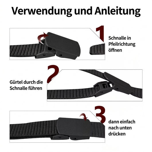 Anleitung zur Verwendung des Militärgürtels: Schnalle öffnen, Gürtel durchziehen und wieder festdrücken.