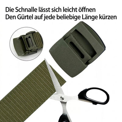 Ein olivgrüner Militärgürtel, dessen Schnalle sich leicht öffnen lässt und der individuell auf die passende Länge kürzbar ist.