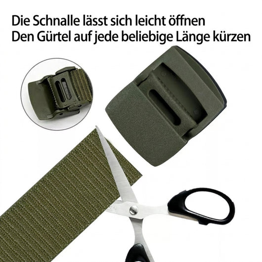 Ein olivgrüner Militärgürtel, dessen Schnalle sich leicht öffnen lässt und der individuell auf die passende Länge kürzbar ist.