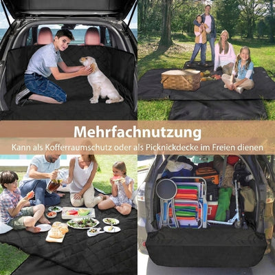 Vielseitige Kofferraumschutzmatte für Hunde, die auch als Picknickdecke im Freien verwendet werden kann.
