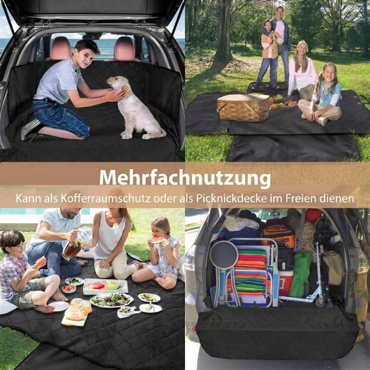 Vielseitige Kofferraumschutzmatte für Hunde, die auch als Picknickdecke im Freien verwendet werden kann.