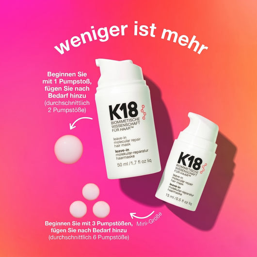 Anwendungshinweise für die K18 Haarmaske mit Dosierungsempfehlungen für die 50 ml und 15 ml Mini-Größe.