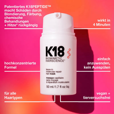 K18 Leave-in Haarmaske zur molekularen Reparatur von geschädigtem Haar in einer 50 ml Flasche mit Anwendungshinweisen
