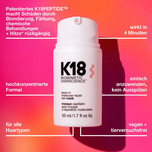 K18 Leave-in Haarmaske zur molekularen Reparatur von geschädigtem Haar in einer 50 ml Flasche mit Anwendungshinweisen