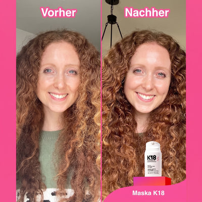 Vorher-Nachher-Vergleich von lockigem Haar nach der Anwendung der K18 Haarmaske für intensive Feuchtigkeit.