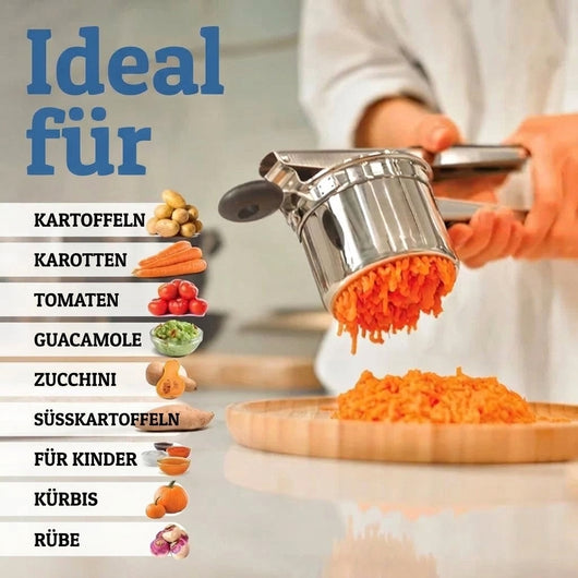 Edelstahl-Kartoffelpresse mit rutschfesten Griffen, ideal für die Zubereitung von Püree aus verschiedenem Gemüse.