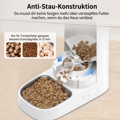 Katzenfutterautomat mit Anti-Verstopfungs-Mechanismus für trockenes Futter mit einer Granulatgröße von 4 bis 12 mm.