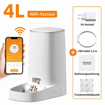Automatischer Katzenfutterautomat mit 4 Litern Fassungsvermögen, App-Steuerung und Zubehör wie Netzteil und Trockenmittel.