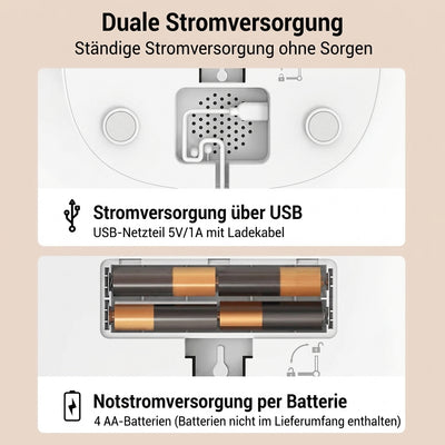 Katzenfutterautomat mit dualer Stromversorgung über USB-Kabel oder vier AA-Batterien für den Notfall.