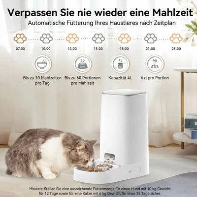 Automatischer Futterautomat für Haustiere mit Zeitplan-Funktion, 4 Liter Kapazität und Portionskontrolle.