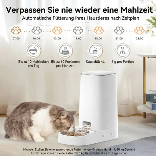 Automatischer Futterautomat für Haustiere mit Zeitplan-Funktion, 4 Liter Kapazität und Portionskontrolle.