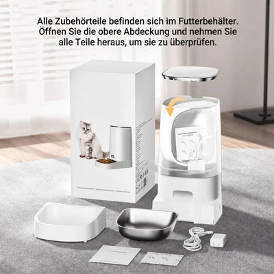 Der Katzenfutterautomat wird mit Zubehör geliefert, das sich im Inneren des Futterbehälters befindet.