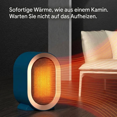 Ein kompakter, blauer Keramik-Heizlüfter strahlt Wärme in einem Wohnraum aus.