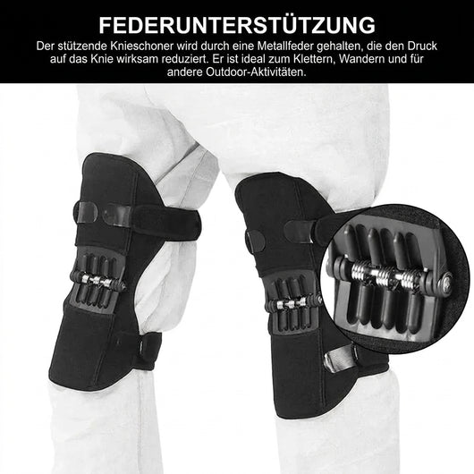 Zwei Knieschoner mit integrierter Federtechnik zur Entlastung der Gelenke, getragen über einer weißen Hose.