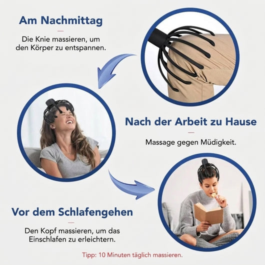 Anwendungsszenarien für das elektrische Kopfmassagegerät: Knie-, Kopf- und Entspannungsmassage für den Alltag.