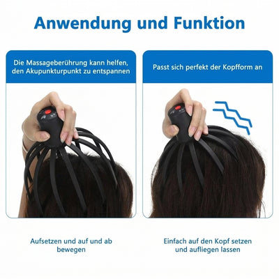 Anwendung des elektrischen Kopfmassagegeräts durch Aufsetzen und sanftes Auf- und Abbewegen auf dem Kopf.