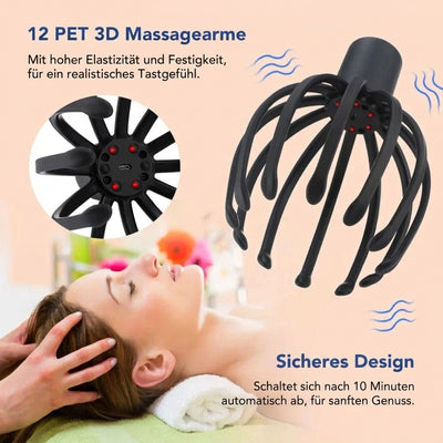 Elektrisches Kopfmassagegerät mit 12 flexiblen Armen und automatischer Abschaltfunktion nach 10 Minuten.