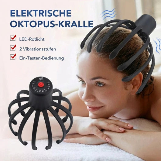 Elektrisches Kopfmassagegerät in Krakenform mit LED-Licht, Vibrationsstufen und Ein-Tasten-Bedienung zur Entspannung.