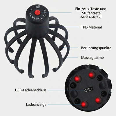 Elektrisches Kopfmassagegerät mit 360-Grad-Funktion, USB-Anschluss und verschiedenen Massage-Stufen zur Entspannung
