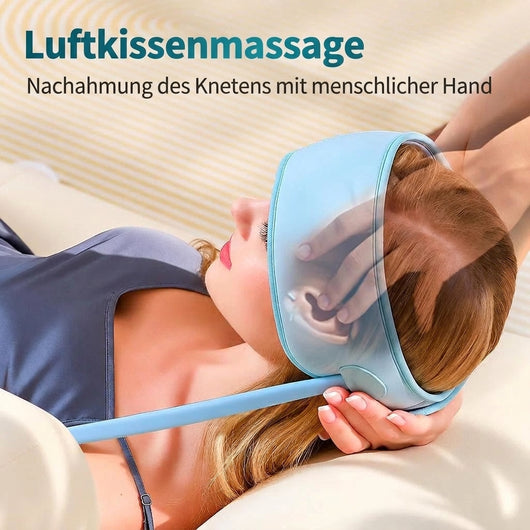 Eine Frau trägt ein Kopfmassagegerät, das eine Massage durch Luftkompression simuliert, ähnlich einer menschlichen Hand.