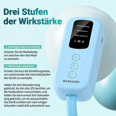 Bedienungsanleitung für ein Kopfmassagegerät mit drei Intensitätsstufen, Massagemodi und zuschaltbarer Wärmefunktion.
