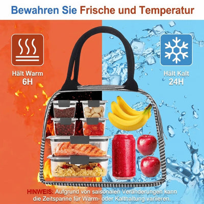 Isolierte Kühltasche mit Lebensmitteln, die warme und kalte Speisen für unterwegs frisch hält.