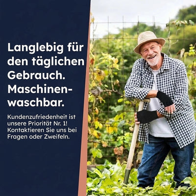Ein lächelnder älterer Mann mit Hut trägt Kupferkompressionshandschuhe bei der Gartenarbeit.