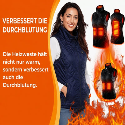 Lange beheizbare Damenweste mit 9 Heizzonen, die Wärme speichert und die Durchblutung fördert.