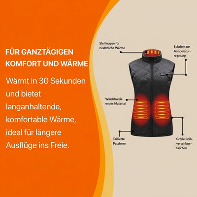 Lange beheizbare Damenweste mit 9 Heizzonen, leicht und figurbetont für Outdoor und Alltag.