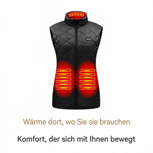 Schwarze beheizbare Weste mit sichtbaren Heizzonen im Nacken und Rückenbereich