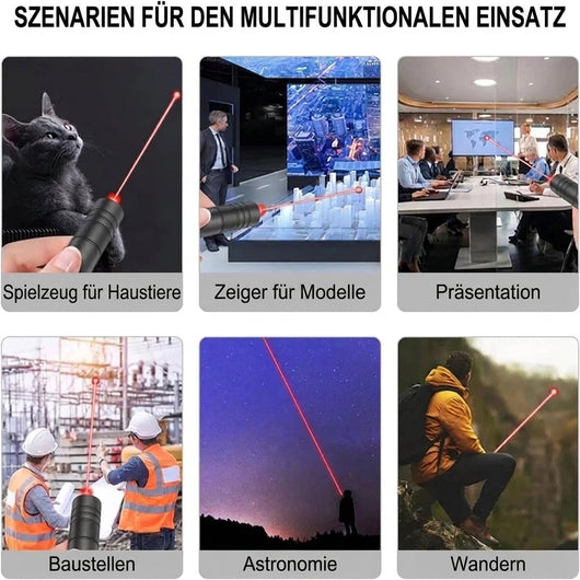 Sechs Anwendungsbeispiele für einen Laserpointer, darunter Spiel mit Katzen, Präsentationen, Baustellen und Astronomie.
