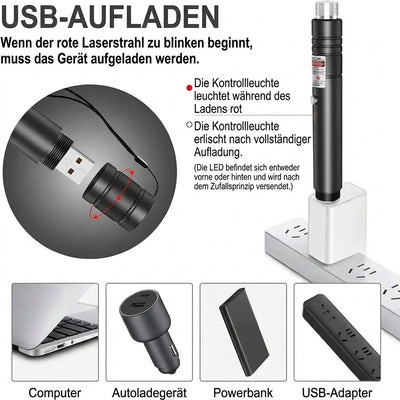 Anleitung zum Aufladen des Laserpointers über USB mit verschiedenen Stromquellen wie Computer, Autoladegerät oder Powerbank.