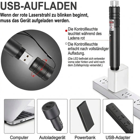 Anleitung zum Aufladen des Laserpointers über USB mit verschiedenen Stromquellen wie Computer, Autoladegerät oder Powerbank.