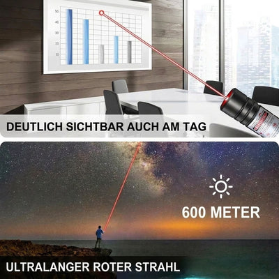 Ein Laserpointer mit rotem Strahl, der bei Tageslicht auf eine Grafik zeigt und nachts eine Reichweite von 600 Metern hat.