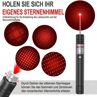 Laserpointer mit Sternenhimmel-Effekt, der verschiedene Lichtmuster durch Drehen des Aufsatzes erzeugt.