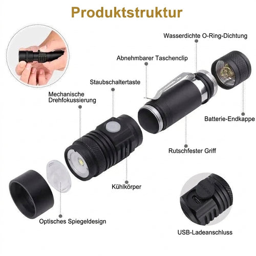 LED Taschenlampe wiederaufladbar 90000 Lumen – Wasserdicht, 4 Leuchtmodi, Zoomfunktion