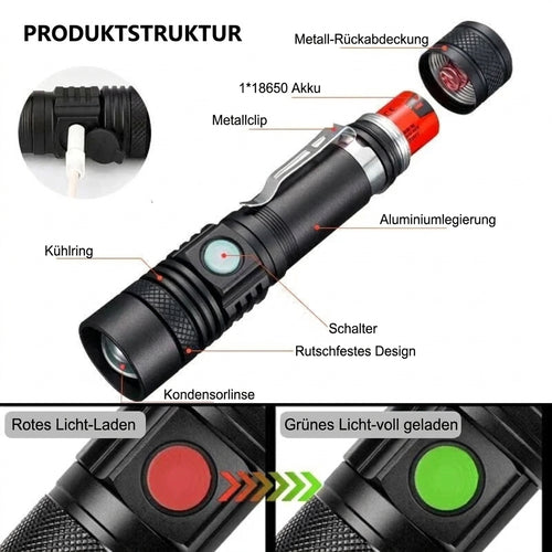 LED Taschenlampe wiederaufladbar 90000 Lumen – Wasserdicht, 4 Leuchtmodi, Zoomfunktion