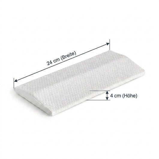 Weißes, ergonomisches Lendenkissen mit Maßangaben von 24 cm Breite und 4 cm Höhe zur Rückenunterstützung.