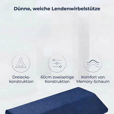 Ein blaues Lendenkissen mit dreieckiger Form, 60 cm Länge und Memory-Schaum-Komfort für ergonomische Rückenunterstützung.
