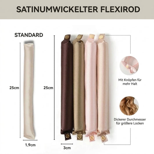 Satin-Lockenwickler im 4er-Set mit Knopfverschluss, 25 cm Länge und 3 cm Durchmesser für größere Locken.