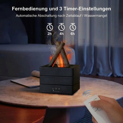 Luftbefeuchter mit Flammeneffekt, Fernbedienung und Timer-Einstellungen für automatische Abschaltung