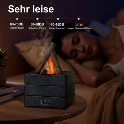 Ein leiser Luftbefeuchter mit Flammeneffekt auf einem Nachttisch neben einer schlafenden Person.