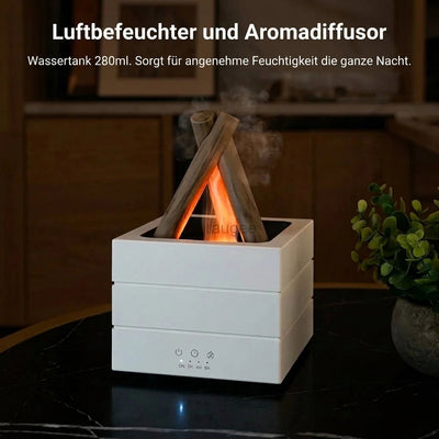 Luftbefeuchter und Duftdiffusor mit Kaminfeuer-Optik und Timer-Einstellungen auf einem Tisch