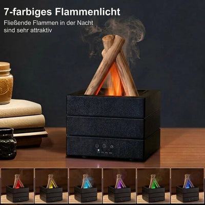 Luftbefeuchter mit LED-Flammeneffekt in sieben Farben, der nachts einen attraktiven, fließenden Flammeneffekt erzeugt.
